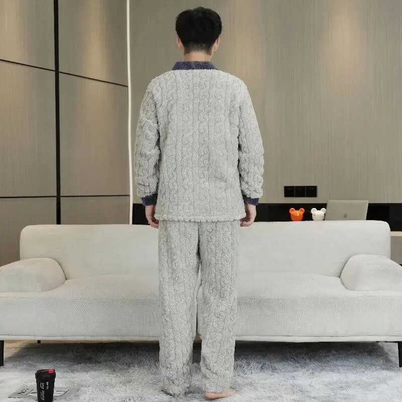 Komplet pidžama od koraljnog flisa, muška spavaća odjeća, zimska pidžama, kardigan, komplet od 2 komada, topla spavaćica od flanela za slobodno vrijeme, zadebljana kućna odjeća