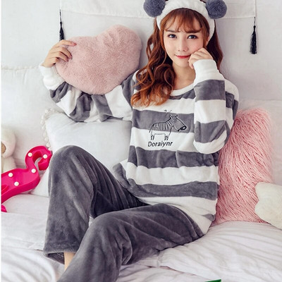 Ziemas silts flaneļa biezs pidžamas komplekts sievietēm, 2 dab. koraļļu guļamveļa ar garām piedurknēm, uzvalks korejiešu Kawaii meiteņu naktsveļa mājas apģērbs
