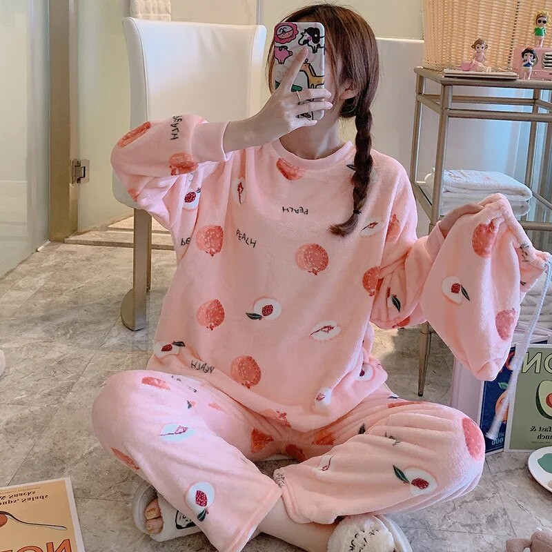 Ziemas silts flaneļa biezs pidžamas komplekts sievietēm, 2 dab. koraļļu guļamveļa ar garām piedurknēm, uzvalks korejiešu Kawaii meiteņu naktsveļa mājas apģērbs