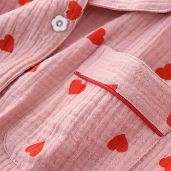 Пролетен нов дамски пижамен комплект от креп памук с щамповано сърце Двуслоен марлен панталон с отложна яка с дълъг ръкав Домакински облекла