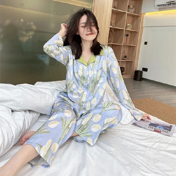 Комплект пижами за жени Луксозни сладки сатенени пижами Дамски елегантни панталони с дълъг ръкав Домашно облекло Дамски комплекти спално облекло