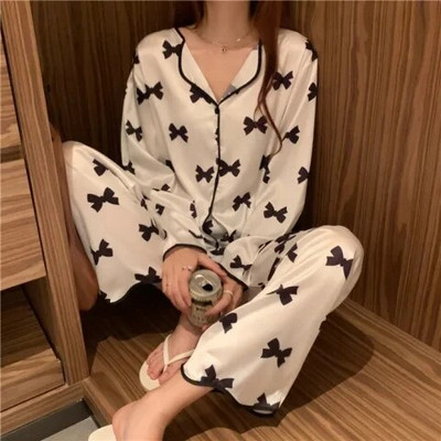 Komplet pidžama za žene Luksuzna pidžama od slatkog satena Ženska elegantna kućna odjeća s dugim rukavima i dugim hlačama Kompleti za spavanje