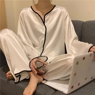 Komplet pidžama za žene Luksuzna pidžama od slatkog satena Ženska elegantna kućna odjeća s dugim rukavima i dugim hlačama Kompleti za spavanje