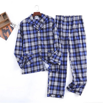 Есенни и зимни мъжки най-нови памучни фланелени панталонни костюми с кариран дизайн с копчета Пижамен комплект Домашно облекло Мъжки костюм