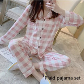 Ženske karirane pidžame Spavaćice Ružičasta L XL XXL Dugih rukava i hlača Prozračne Ležerne Glatke Udobne