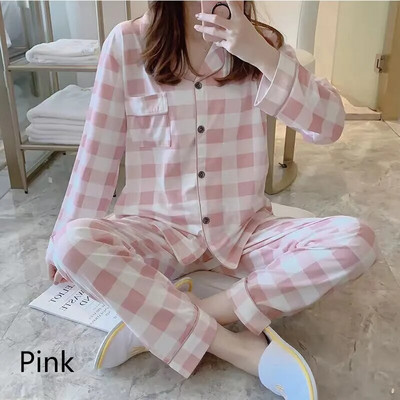 Ženske karirane pidžame Spavaćice Ružičasta L XL XXL Dugih rukava i hlača Prozračne Ležerne Glatke Udobne