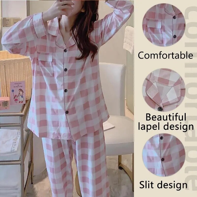 Ženske karirane pidžame Spavaćice Ružičasta L XL XXL Dugih rukava i hlača Prozračne Ležerne Glatke Udobne