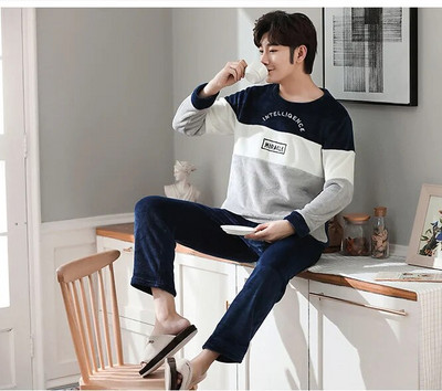 2021. aasta uue stiili meeste pidžaamakomplekt, sügistalvine soe flanell, paks meeste pidžaamakomplekt, pikkade varrukatega magamisriiete ülaosa + püksid vaba aja veetmiseks