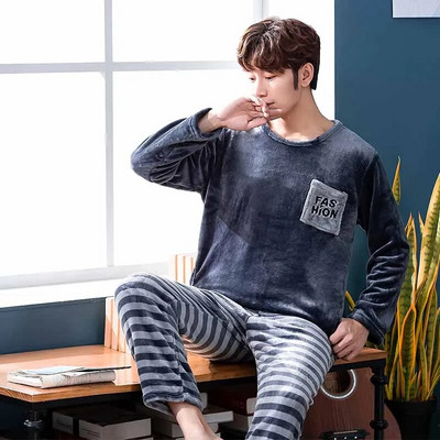 2021. aasta uue stiili meeste pidžaamakomplekt, sügistalvine soe flanell, paks meeste pidžaamakomplekt, pikkade varrukatega magamisriiete ülaosa + püksid vaba aja veetmiseks