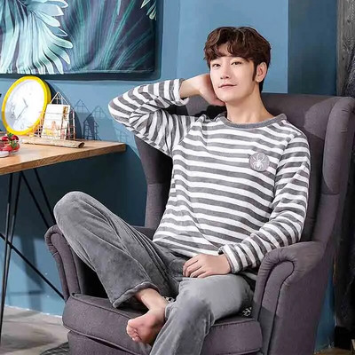 2021. aasta uue stiili meeste pidžaamakomplekt, sügistalvine soe flanell, paks meeste pidžaamakomplekt, pikkade varrukatega magamisriiete ülaosa + püksid vaba aja veetmiseks