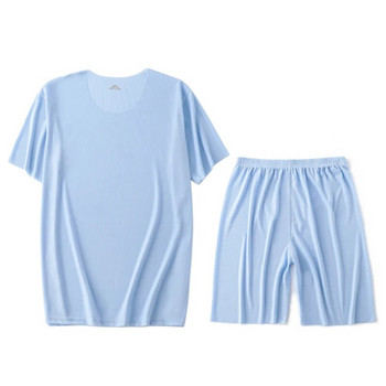 Мъжки ледени копринени пижами, тениска и панталони, комплект от 2 бр. /комплект у дома, нощно облекло с къс ръкав, голям размер, лятна тънка пижама, спално облекло, костюм