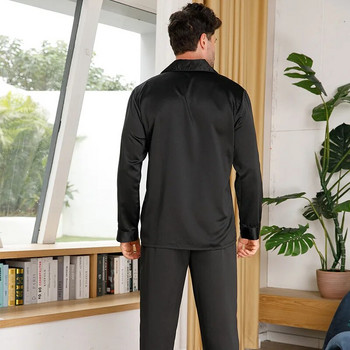 Μαύρο κοστούμι πιτζάμες ανδρικό σατέν Ρούχα για το σπίτι Μακρυμάνικο πουκάμισο και παντελόνι 2 τμχ Νυχτικά casual outfit Μασίφ Sleepwear Ανδρικά σαλόνια