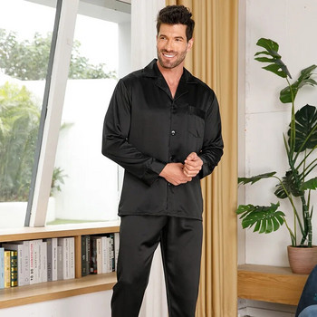 Μαύρο κοστούμι πιτζάμες ανδρικό σατέν Ρούχα για το σπίτι Μακρυμάνικο πουκάμισο και παντελόνι 2 τμχ Νυχτικά casual outfit Μασίφ Sleepwear Ανδρικά σαλόνια