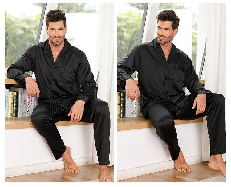 Juodas pižamos kostiumas, vyriškas atlasas