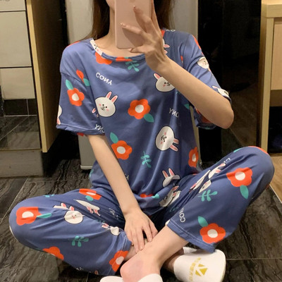 Moteriški pižamų rinkiniai Plaid XXL miegui trumpomis rankovėmis kelnės Pižamos vasaros animacinių filmų pižamos Mujer Moteriški poilsio drabužiai Laisvalaikio namų apranga