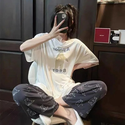 Moteriški pižamų rinkiniai Plaid XXL miegui trumpomis rankovėmis kelnės Pižamos vasaros animacinių filmų pižamos Mujer Moteriški poilsio drabužiai Laisvalaikio namų apranga