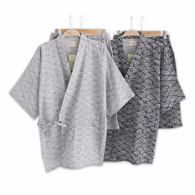 Японски прости 100% памучни къси панталони кимоно комплекти пижами мъжки Fashion Wave къси ръкави шорти халати спално облекло