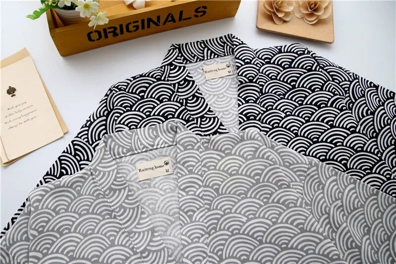 Γιαπωνέζικο απλό 100% γάζα βαμβακερό σορτς κιμονό πιτζάμες ανδρικά σετ Fashion Wave κοντά μανίκια σορτς μπουρνούζια υπνοδωμάτια