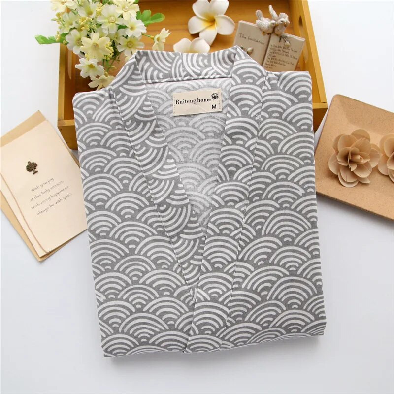 Γιαπωνέζικο απλό 100% γάζα βαμβακερό σορτς κιμονό πιτζάμες ανδρικά σετ Fashion Wave κοντά μανίκια σορτς μπουρνούζια υπνοδωμάτια