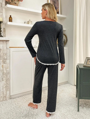 Дамски комплект пижами Памучно сиво спално облекло с дълъг ръкав и дълги панталони Есенно-зимно домашно облекло Модно облекло за дома Спално облекло 2 части
