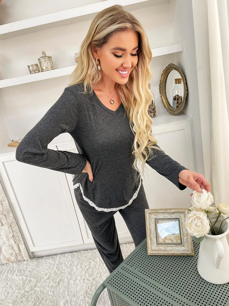 Ženski set pidžama Pamuk Siva Odjeća za spavanje Dugi rukavi Duge hlače Jesen Zima Salonke Modna kućna odjeća Odjeća za spavanje 2 komada