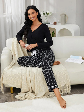 Едноцветен черен топ и карирани панталони Дамски комплект пижами 2 части Пуловер с дълги ръкави и V-образно деколте с предни копчета и панталон, Пижама, Костюм