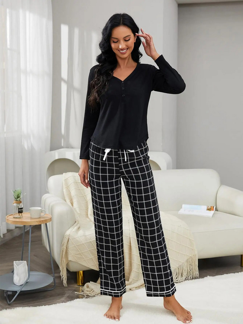 Tvirtas juodas viršutinis ir languotas kelnių moteriškas pižamų rinkinys 2 dalių ilgomis rankovėmis V kaklu, megztinis su kelnėmis, miegui tinkantis kostiumas