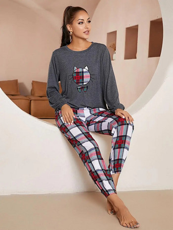 Дамски пижамен комплект с дълги ръкави, тениски и панталони с котка, спално облекло, 2 бр. Еластичен колан, женско нощно облекло, домашен костюм