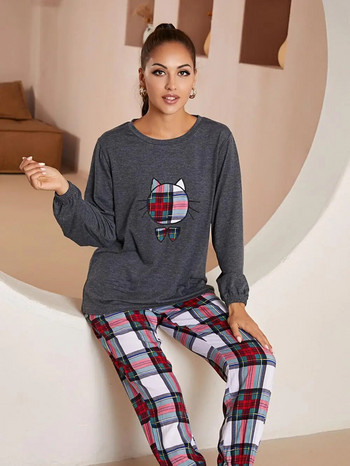 Дамски пижамен комплект с дълги ръкави, тениски и панталони с котка, спално облекло, 2 бр. Еластичен колан, женско нощно облекло, домашен костюм