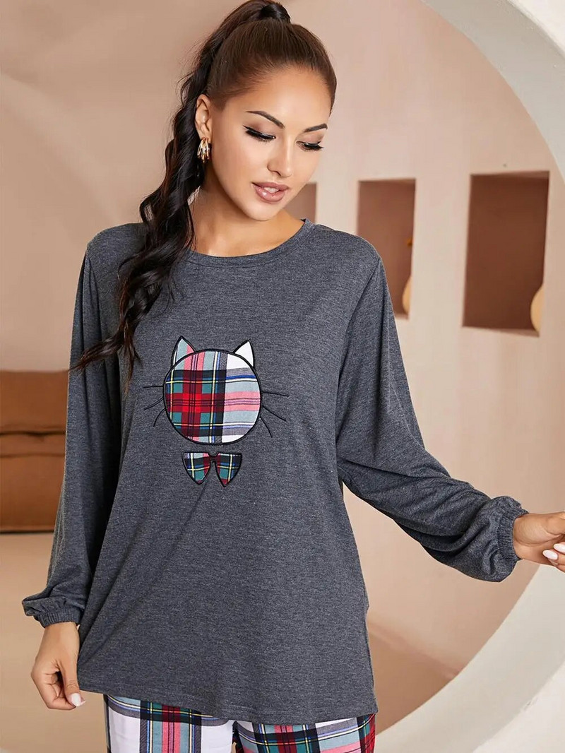 Naiste pidžaamakomplekt, pikkade varrukatega kassi pliad tee-topsid ja püksid magamisriided 2 Pices elastne vöökoht Naiste ööriiete koduülikond