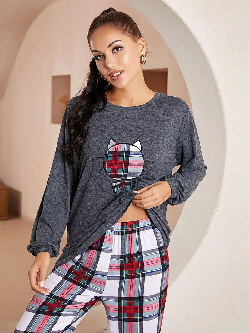 Naiste pidžaamakomplekt, pikkade varrukatega kassi pliad tee-topsid ja püksid magamisriided 2 Pices elastne vöökoht Naiste ööriiete koduülikond