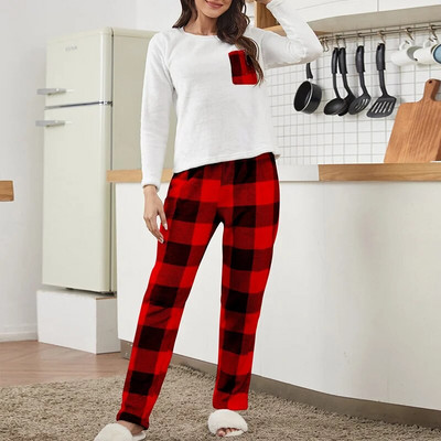 Moteriškos rudens ir žiemos vilnos pižamos, raudonos languotos kelnės ilgomis rankovėmis, kostiumas su flaneliniu poilsio drabužių ansambliu „Femme 2 Pieces“