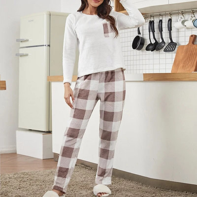 Moteriškos rudens ir žiemos vilnos pižamos, raudonos languotos kelnės ilgomis rankovėmis, kostiumas su flaneliniu poilsio drabužių ansambliu „Femme 2 Pieces“