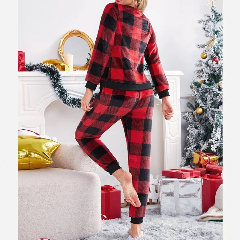 Moteriškos rudens ir žiemos vilnos pižamos, raudonos languotos kelnės ilgomis rankovėmis, kostiumas su flaneliniu poilsio drabužių ansambliu „Femme 2 Pieces“
