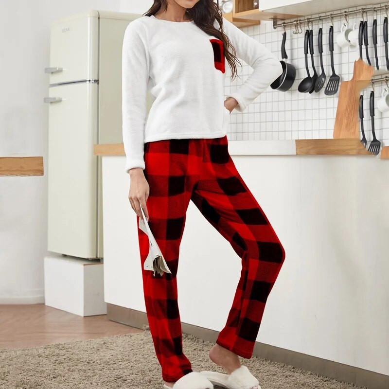 Moteriškos rudens ir žiemos vilnos pižamos, raudonos languotos kelnės ilgomis rankovėmis, kostiumas su flaneliniu poilsio drabužių ansambliu „Femme 2 Pieces“