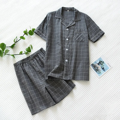 Vasarinė nauja vyriška pižama dviejų dalių 100% medvilnės marlės trumpomis rankovėmis šortai paprasti languoti laisvas laisvas laisvas laisvas kvėpuojantis namų kostiumas
