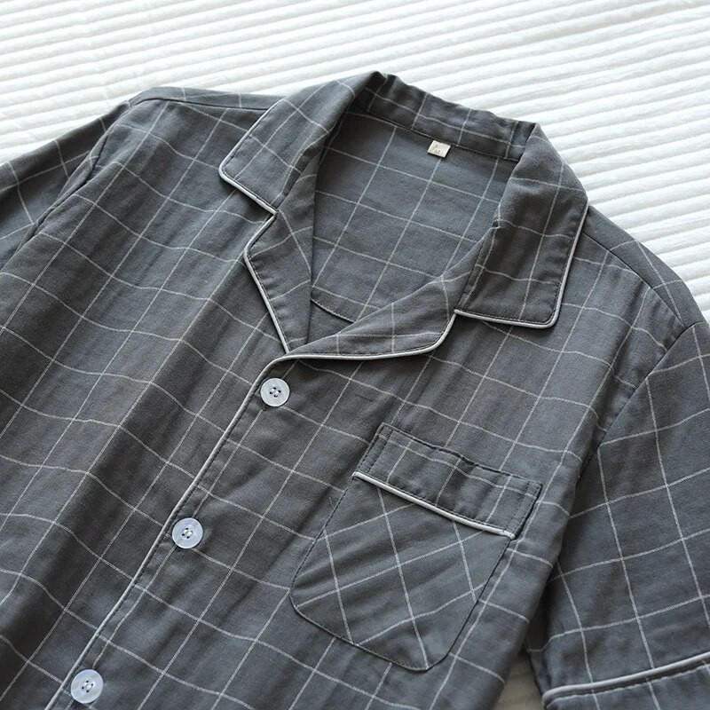 Vasarinė nauja vyriška pižama dviejų dalių 100% medvilnės marlės trumpomis rankovėmis šortai paprasti languoti laisvas laisvas laisvas laisvas kvėpuojantis namų kostiumas