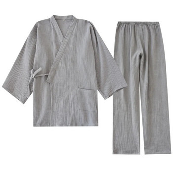 Мъжки пижами с дълъг ръкав Пролетно V-образно деколте Памучно плътно нощно облекло Големи размери Свободно спално облекло от 2 части Холен комплект Марлен костюм Кимоно 2021 г.