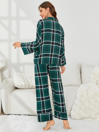 Дамски комплект пижами с предни копчета и дълги ръкави с назъбена яка и широки панталони с цяла дължина Есен Пролет Спално облекло от 2 части