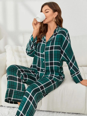 Дамски комплект пижами с предни копчета и дълги ръкави с назъбена яка и широки панталони с цяла дължина Есен Пролет Спално облекло от 2 части