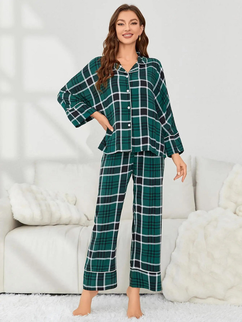 Ees nööbiga ruuduline naiste pidžaamakomplekt pikkade varrukatega sälkkraega ülaosa ja täispikad laia säärega püksid, sügiskevad, 2-osaline magamisriided