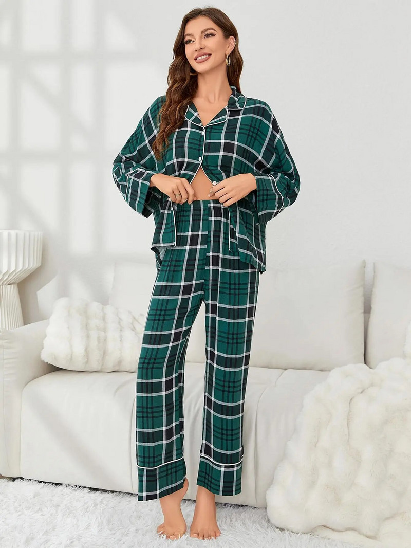 Ees nööbiga ruuduline naiste pidžaamakomplekt pikkade varrukatega sälkkraega ülaosa ja täispikad laia säärega püksid, sügiskevad, 2-osaline magamisriided