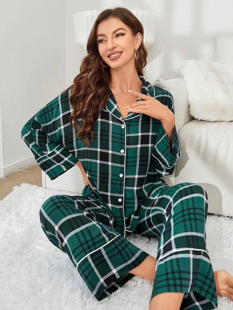 Ees nööbiga ruuduline naiste pidžaamakomplekt pikkade varrukatega sälkkraega ülaosa ja täispikad laia säärega püksid, sügiskevad, 2-osaline magamisriided