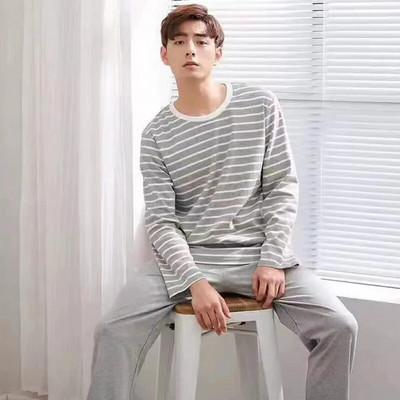 Kevadsügisesed pidžaamad meestele Mood Kunstpuuvillast pikad magamisriided Geomeetriliste triipudega koduriided