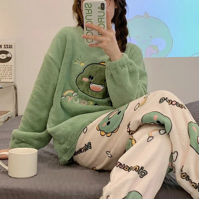 Φθινοπωρινό Χειμωνιάτικο Νέο Σετ Γυναικείες Πυτζάμες Ζεστές Φανέλες Μακρυμάνικο Παντελόνι Σετ δύο τεμαχίων Χαριτωμένα μαλακά ρούχα για το σπίτι Γυναικεία ρούχα