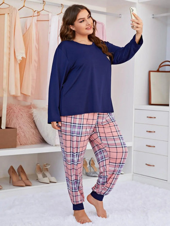 Дамски комплект пижами с дълъг ръкав, горна тениска с деколте и карирани панталони от 2 части, спално облекло, дамско домашно облекло, нощно облекло