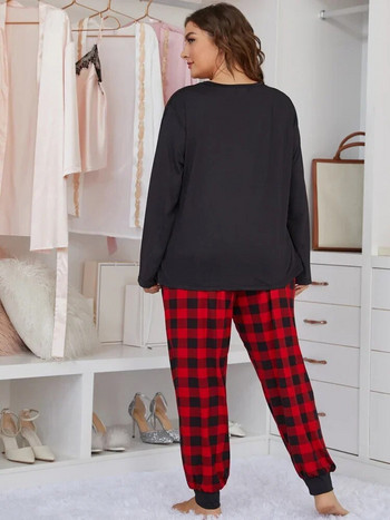 Дамски комплект пижами с дълъг ръкав, горна тениска с деколте и карирани панталони от 2 части, спално облекло, дамско домашно облекло, нощно облекло