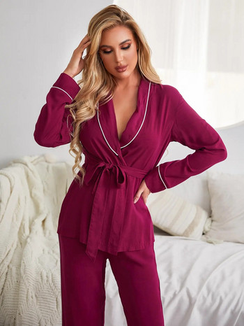 Едноцветен дамски пижамен комплект с V-образно деколте, дълги ръкави, колан за талия, горна част и дълги панталони, спално облекло от 2 части, женско нощно облекло, домашно облекло
