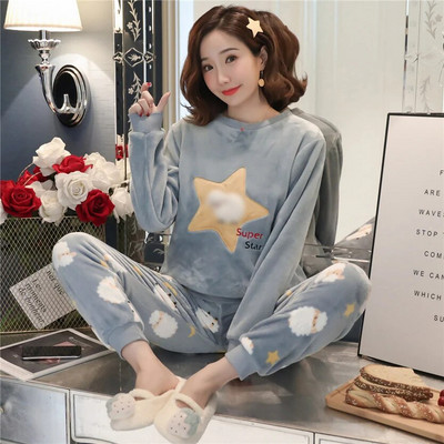 Sügisene talvine flanellist naiste pidžaamakomplekt, fliisist pidžaama, paksendatud soe pluss samet naiste koduriiete komplekt armas armas pidžaama