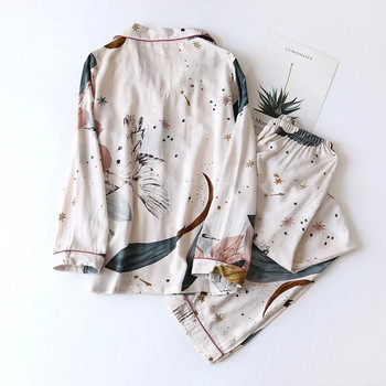 Комплект от две части Дамски домашни дрехи за пролетта и есента Вискозен памучен панталон с дълъг ръкав Дамски комплект пижами